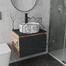 Комплект: тумба Bau Dream Blackwood графит 60, 1 ящик, раковина круглая накладная BAU Element D41, мрамор, смеситель Hotel Black, черный матовый