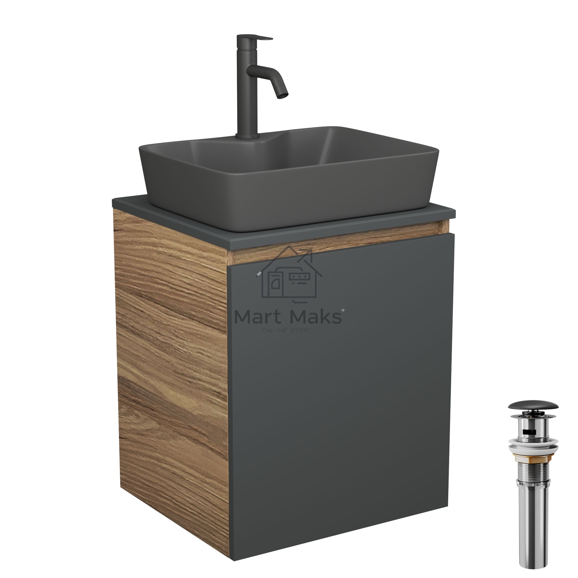 Тумба Bau Dream Blackwood 50 графит, раковина BAU Cerama 48х37 темно-серая матовая, смеситель Hotel Dream Black, нерж. сталь, черный, выпуск клик клак черный