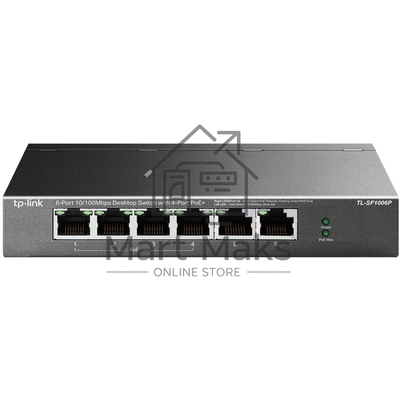 Коммутатор TP-Link 4-port 10/100Mbps Unmanaged PoE+ Switch with 2 10/100Mbps uplink ports, meta case, desktop mount, 4 802.3af/at compliant PoE+ port, 2 10/100Mbps uplink ports, DIP switches for Extend mode, Isolation mode and Priority mode, up to 250m Po