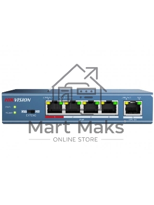 Коммутатор Hikvision DS-3E0105P-E(B) 4 RJ45 100M PoE с грозозащитой 6кВ, 2 порт с высоким приоритетом; 1 Uplink порт 100М Ethernet; бюджет PoE 60Вт; поддержка режима передачи до 250м,10Мб/с, CAT5e; таблица MAC а