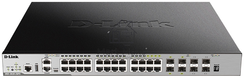 Коммутатор Managed L3 Stackable Switch 20x1000Base-T PoE, 4x10GBase-X SFP+, 4xCombo 1000Base-T PoE/SFP, PoE Budget 370W (740W with DPS-700), Surge 6KV, CLI, 1000Base-T Management, RJ45 Console, mini-USB Console, USB, RPS, Alarm RJ-45, Dying Gasp, Standard