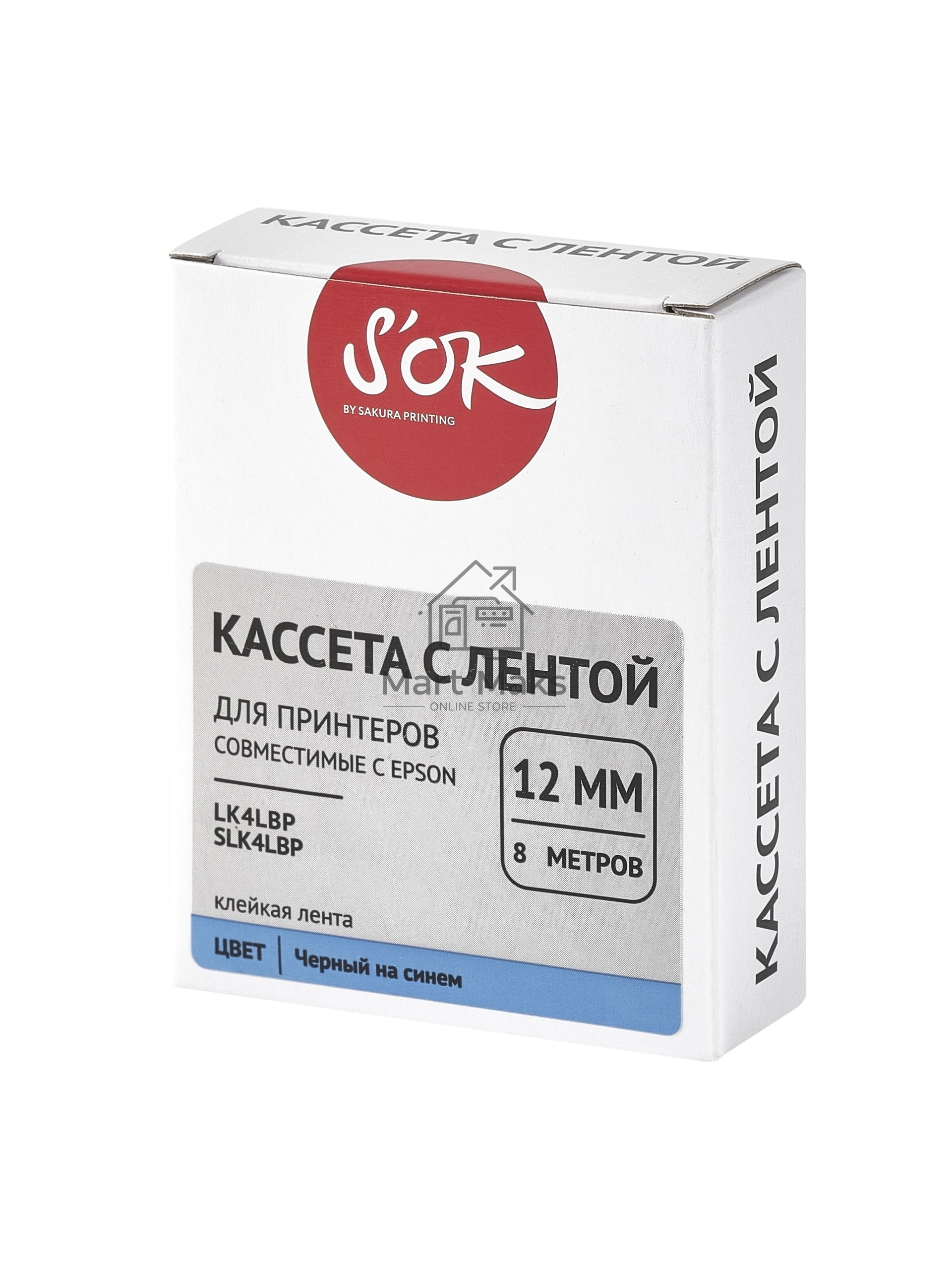 Кассета с лентой S'OK by Sakura Printing K4LBP для Epson, черный на синем, 12мм/8м