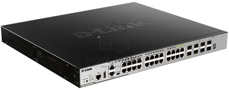 Коммутатор Managed L3 Stackable Switch 20x1000Base-T PoE, 4x10GBase-X SFP+, 4xCombo 1000Base-T PoE/SFP, PoE Budget 370W (740W with DPS-700), Surge 6KV, CLI, 1000Base-T Management, RJ45 Console, mini-USB Console, USB, RPS, Alarm RJ-45, Dying Gasp, Standard
