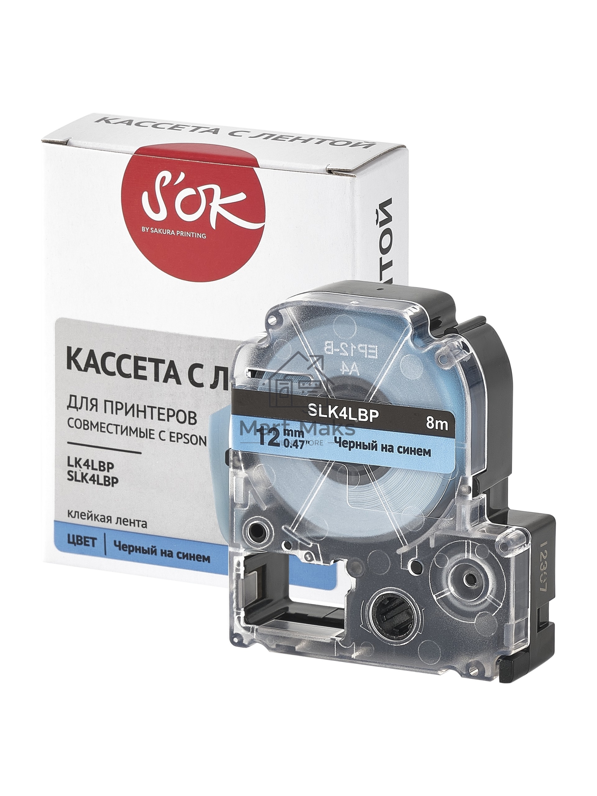 Кассета с лентой S'OK by Sakura Printing K4LBP для Epson, черный на синем, 12мм/8м