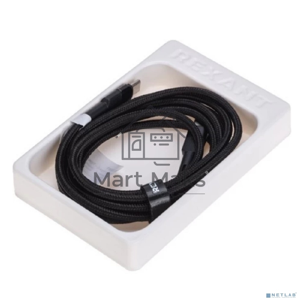 Кабель Type-C – Type-C, 5A, 100Вт, 2м, в черной нейлоновой оплетке Rexant