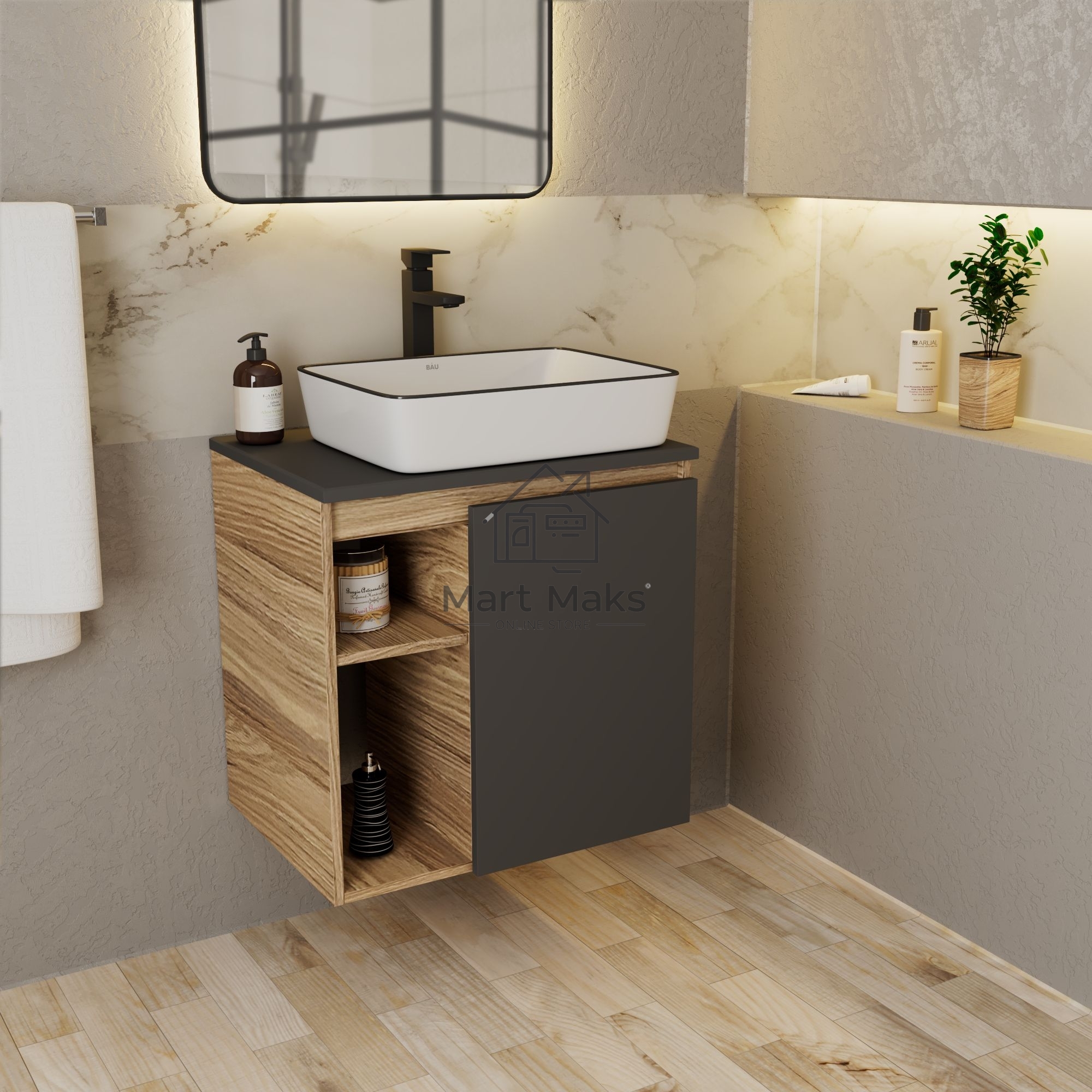 Тумба Bau Dream Blackwood 60 правая, графит, раковина 48х37, смеситель для раковины высокий Hotel Black, черный
