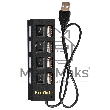 USB-концентратор ExeGate EX293977RUS DUB-42SW (кабель-адаптер USB2.0 --> 4xUSB2.0, кнопки включения/отключения для каждого порта, Plug&Play, черный)
