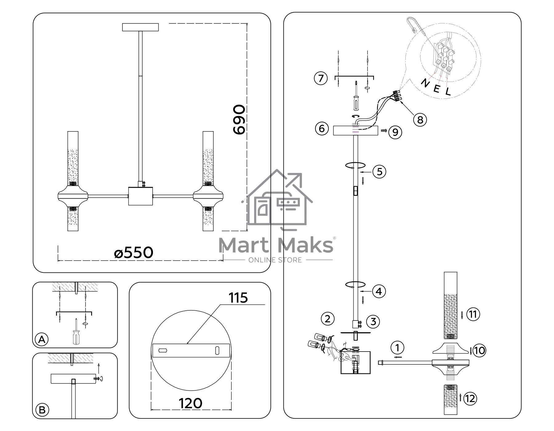 Люстра Ambrella light LH55351/10 BK/CGD/CL черный/золото/прозрачный G9/10 max 30W D550*690