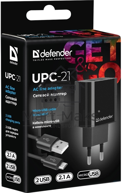 Сетевой адаптер Defender UPC-21 2xUSB,5V/2.1А кабель microUSB