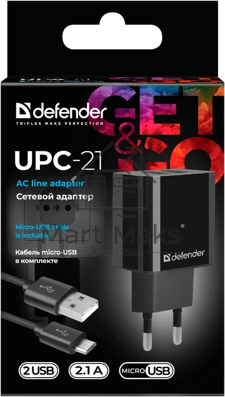 Сетевой адаптер Defender UPC-21 2xUSB,5V/2.1А кабель microUSB