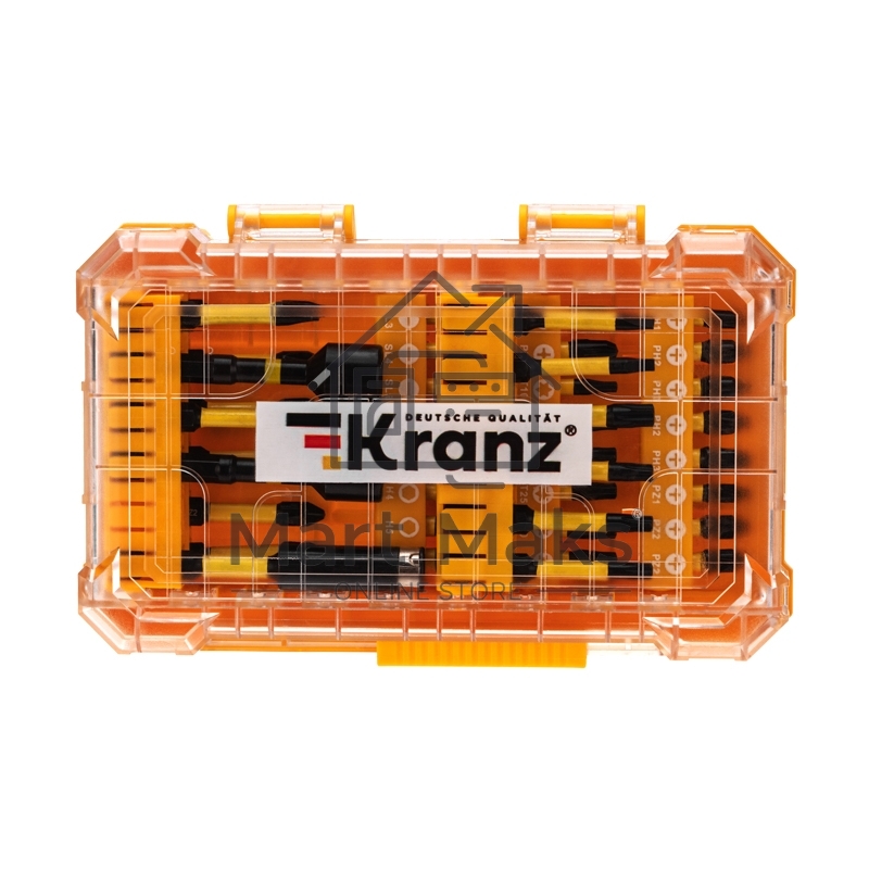 Набор торсионных бит Kranz с магнитным держателем и торцевыми головками, пластиковый кейс, 41 шт