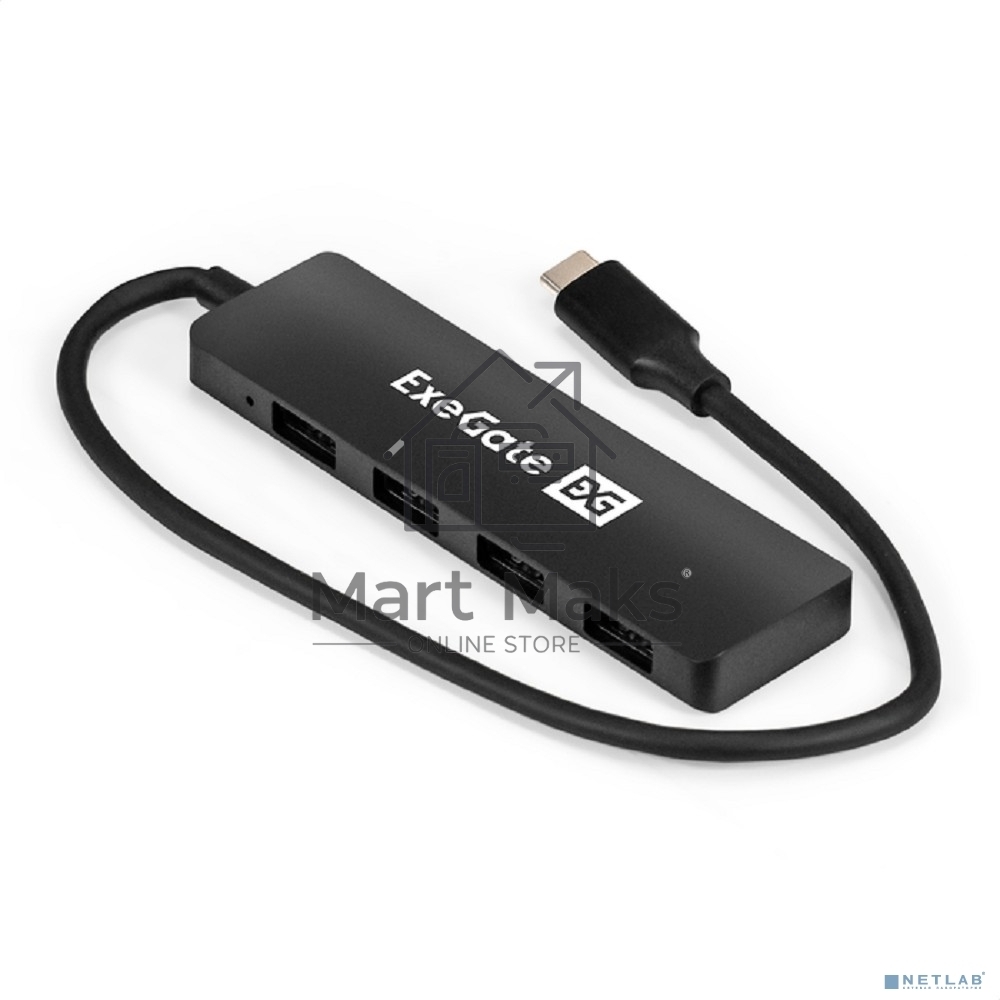 USB-концентратор 4-в-1 ExeGate DUB-4CP/3 (кабель-адаптер USB Type C --> 4xUSB3.0, Plug&Play, черный)