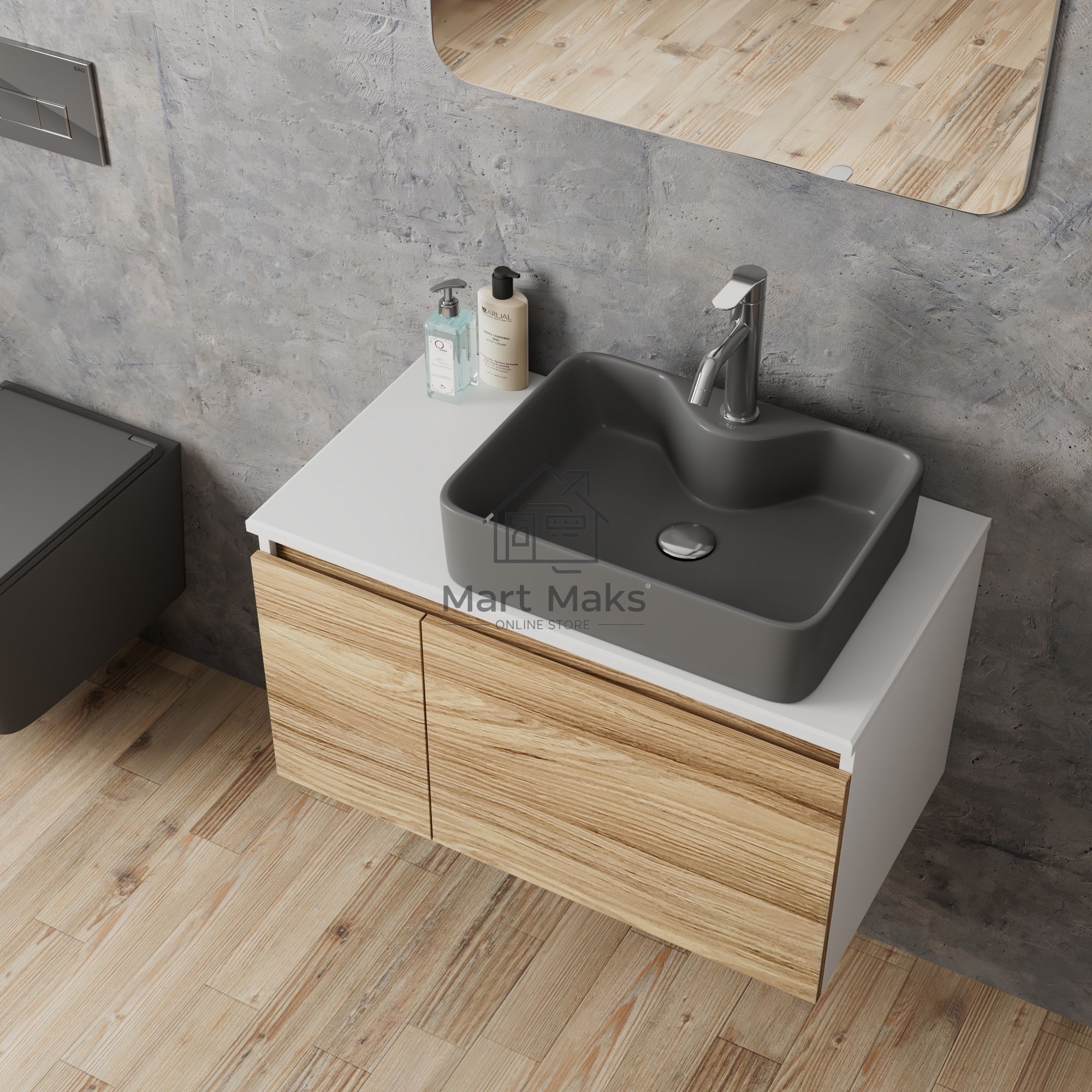 Комплект: тумба Bau Dream Blackwood 80, раковина BAU Cerama 48х37, темно-серая, смеситель Hotel Dream, нерж сталь, выпуск клик клак хром
