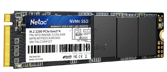 Накопитель SSD Netac N930E Pro, 512GB, PCIe 3.0 x4, M.2 2280, NVMe, R/W 2080/1700