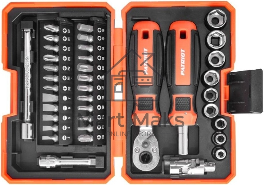 Набор инструментов Patriot SPS-38 трещотка с торцевыми головками, отвертка-битодержатель с битами, CR-V, двухкомпонентные рукоятки, 38 предметов