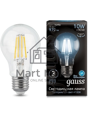 Лампа светодиодная Gauss Filament А60 E27 10Вт 4100К