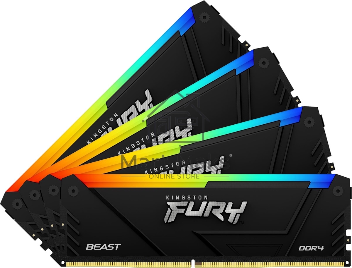 Оперативная память Kingston Fury Beast, DDR4, 64GB (4x16GB), 3200MHz, CL16, DIMM, с радиатором, RGB, черный