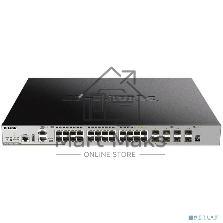 Коммутатор Managed L3 Stackable Switch 20x1000Base-T PoE, 4x10GBase-X SFP+, 4xCombo 1000Base-T PoE/SFP, PoE Budget 370W (740W with DPS-700), Surge 6KV, CLI, 1000Base-T Management, RJ45 Console, mini-USB Console, USB, RPS, Alarm RJ-45, Dying Gasp, Standard