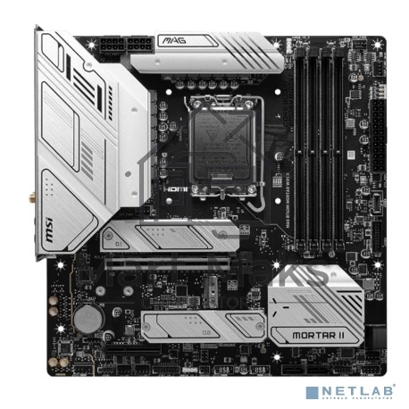 Материнская плата MSI MAG B760M MORTAR WIFI II, LGA 1700, Intel B760, 4xDDR5, 4xSATA, 3xM.2, 1xPCIe 5.0 x16, 1xPCIe 4.0 x4, 1xHDMI, 1xDP, 1xUSB Type-C, 1x2.5Gb LAN, 3xUSB-A 2.0, 3xUSB-A 3.2 Gen 2, 5x3.5 мм, 7.1, mATX