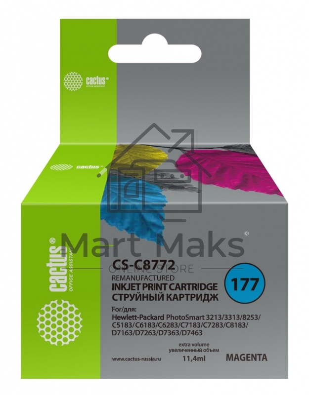 Картридж струйный Cactus CS-C8772 №177 пурпурный (11,4 ml) для HP PS 3213/3313/8253/C5183/C6183/C6283/C7183/C7283/C8183/D7163/D7263/D7363/D7463