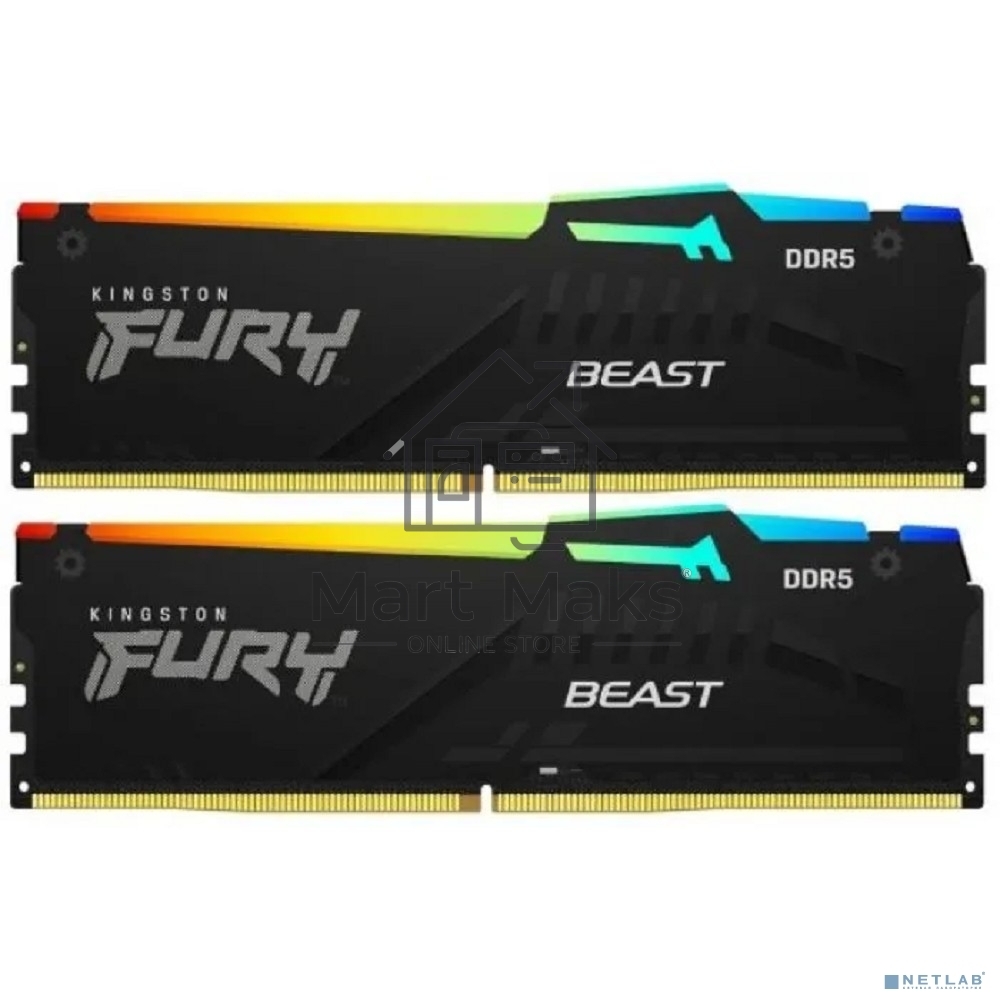 Оперативная память Kingston Fury Beast, DDR5, 32GB (2x16GB), 6000MHz, CL30, DIMM, с радиаторами, RGB, черный