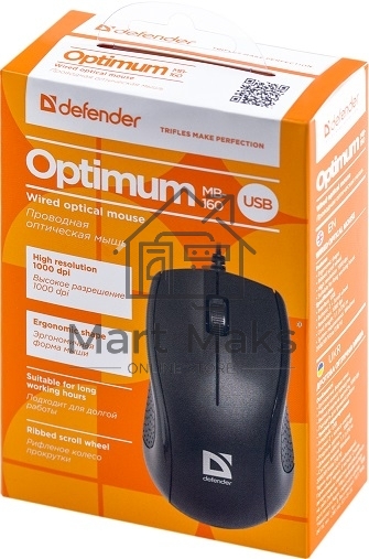 Мышь проводная Defender Optimum MB-160 черный, 1000 dpi, USB, кнопки - 3