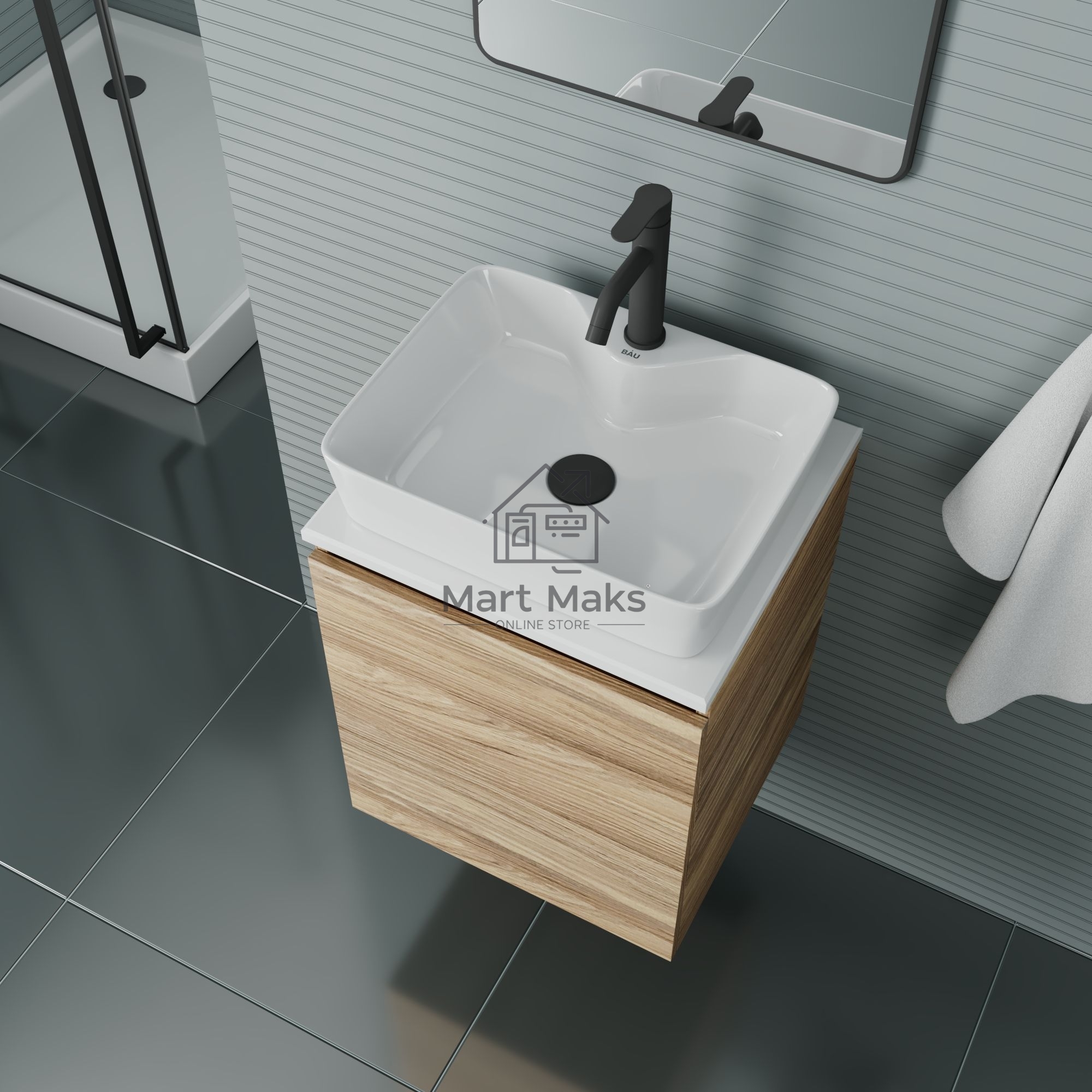 Тумба Bau Dream Blackwood 50 с дверцей, раковина BAU Cerama 48х37 белая, смеситель Hotel Dream Black, нерж. сталь, черный, выпуск клик клак черный