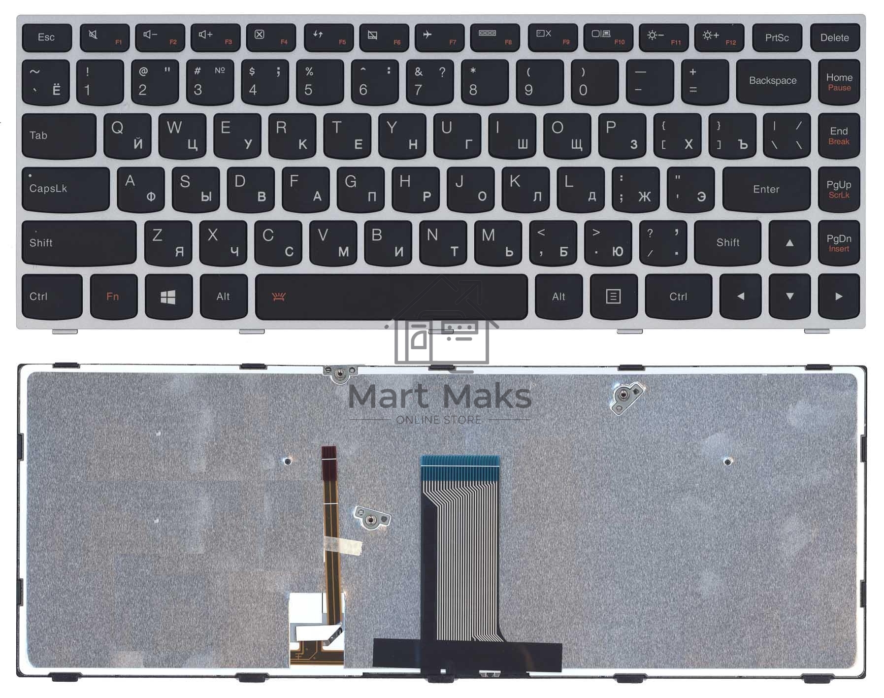 Клавиатура для ноутбука Lenovo Flex 2-14 G40-30 G40-70 черная с серебристой рамкой с подсветкой