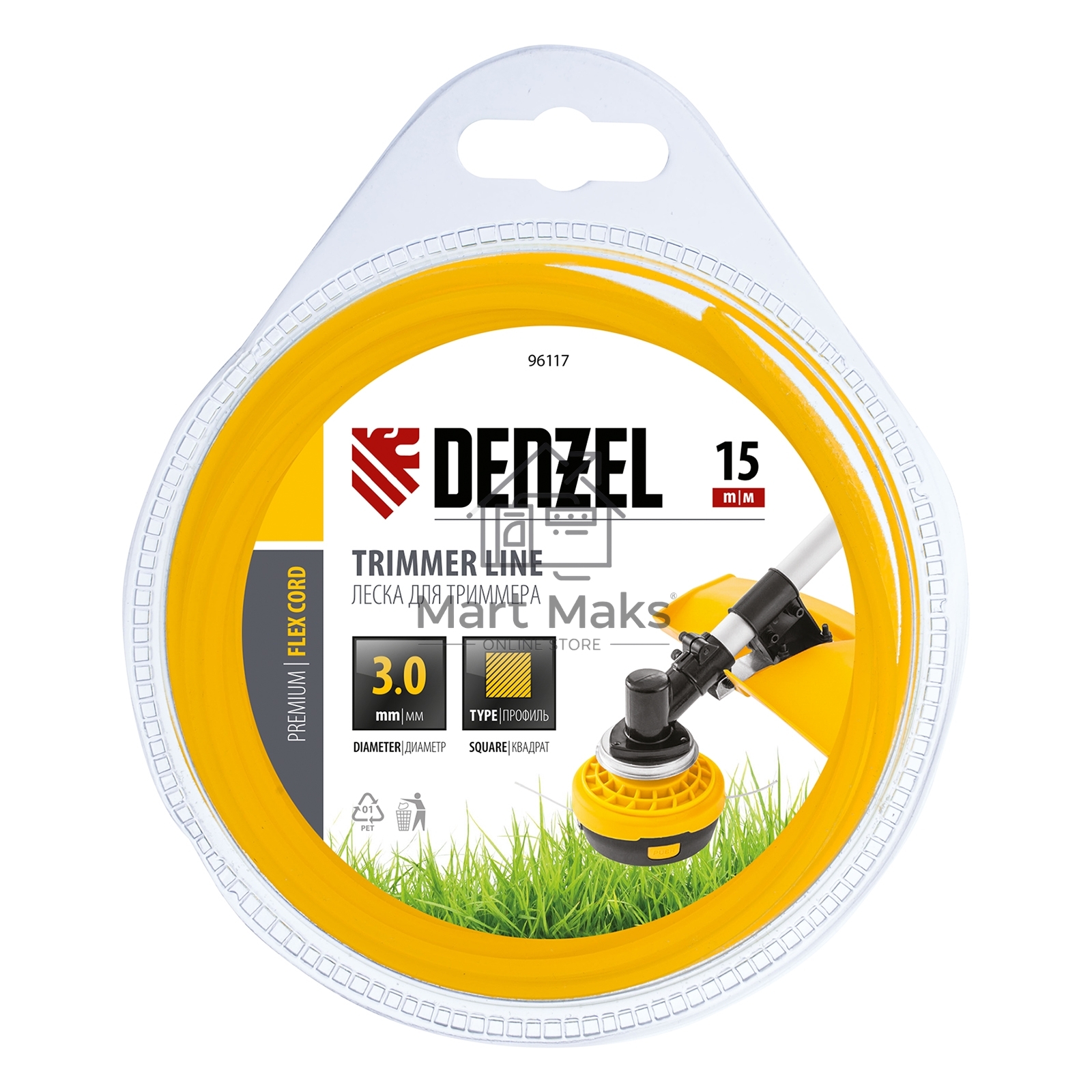 Леска для триммера Denzel квадрат 3 мм х 15 м, блистер FLEX CORD 96117