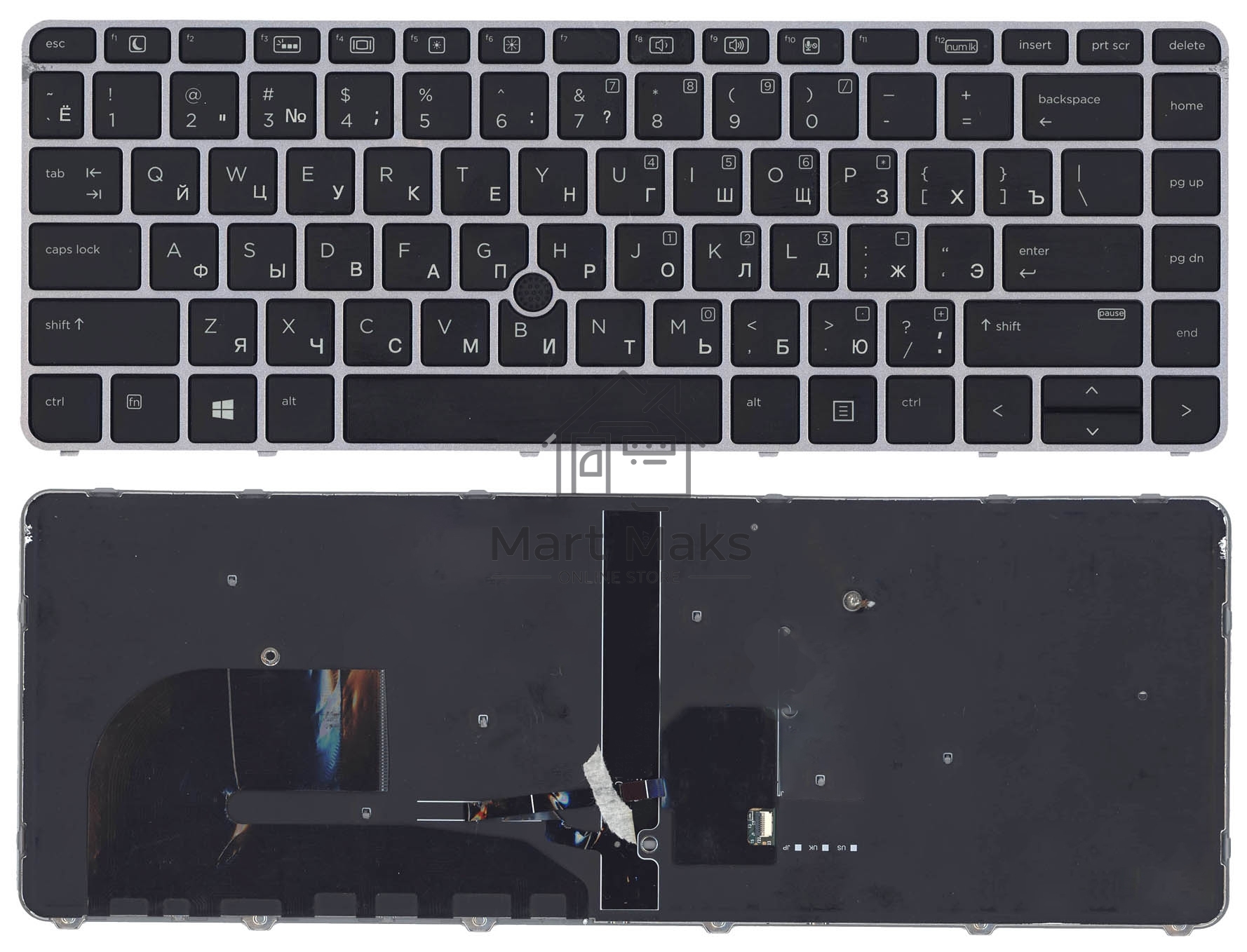 Клавиатура для ноутбука HP EliteBook 745 G3 черная с серой рамкой с указателем и подсветкой