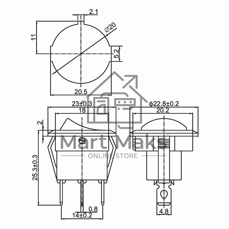 Выключатель клавишный Rexant круглый 250 В 6А (3с) ON-OFF желт. с подсветкой (RWB-214 SC-214 MIRS-101-8)
