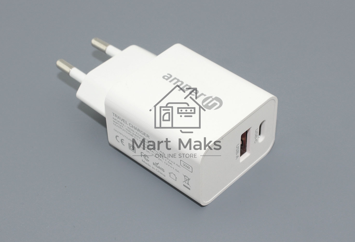 Блок питания (сетевой адаптер) Amperin USB-A, USB-C (YDS-TC030-011) 30W, белый