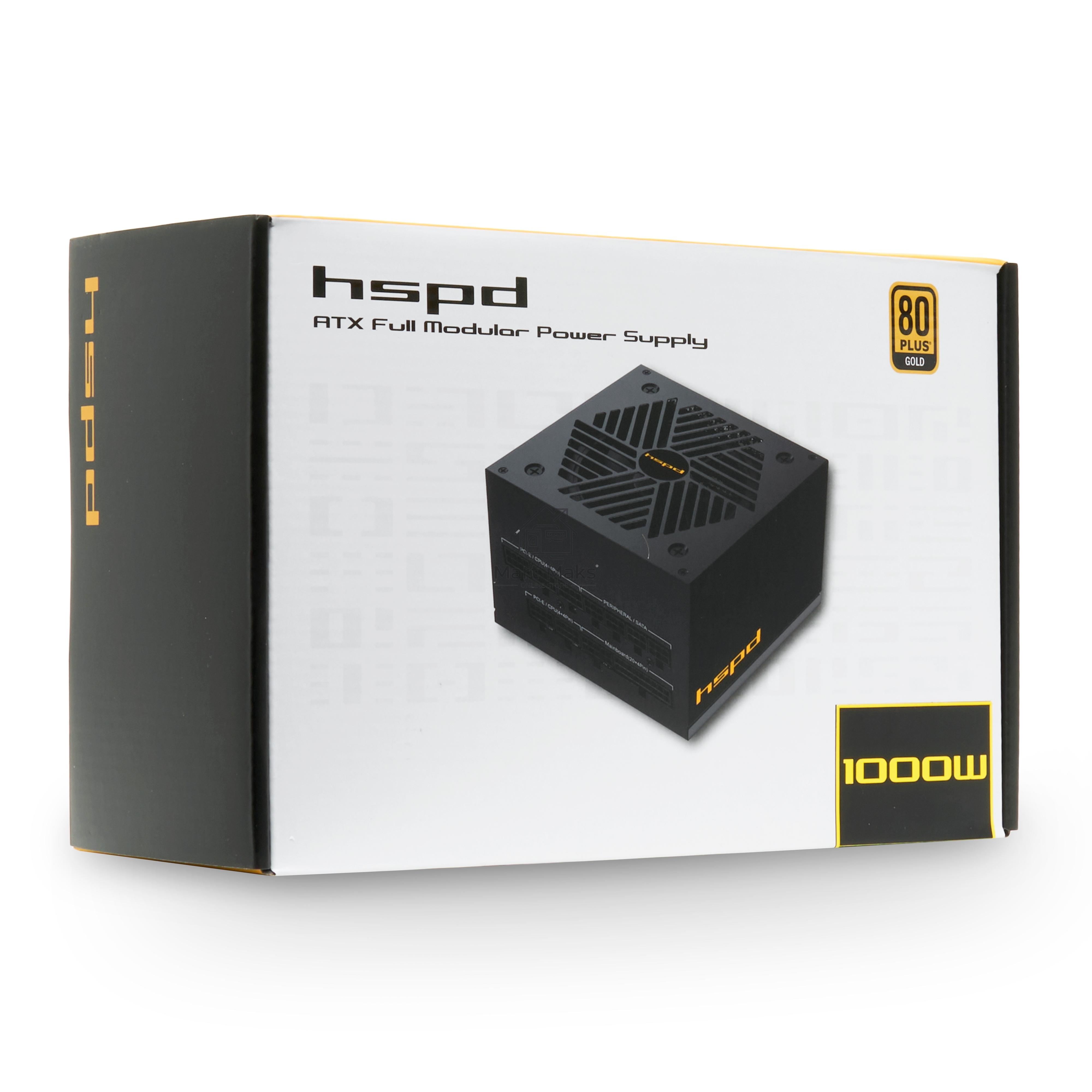 Блок питания HSPD, 1000W 80 PLUS Gold (ATX, 2.52, Full modular, 1x24(20+4)pin mesh 550мм, 1xCPU*2 8(4+4)pin 650+150мм, 2xPCIe*2 8(6+2)pin 500+150мм, 2xSATA*3 450+150+150мм, 1xMOLEX4pin*3 450+150+150мм, Active, 120x120мм, 150x140x86мм, APFC, OVP, UVP, SCP, OCP, OTP, OPP, NLO, SIP, black)