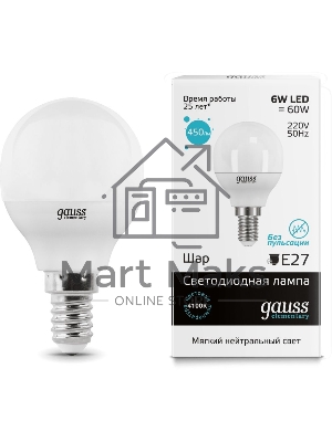Лампа светодиодная LED Gauss 6Вт E14 220В 4100К Elementary шар 53126