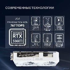 Видеокарта ASUS GeForce RTX 5060 Ti 8G DUAL White, NVIDIA RTX 5060 Ti, 8 ГБ GDDR7, 128 бит, PCI-e 5.0, 1xHDMI, 3xDP, 2632 МГц