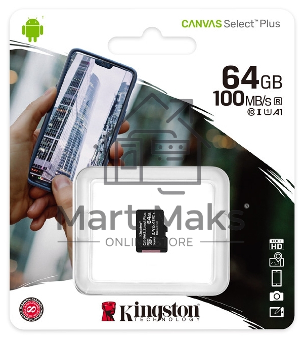 Флеш карта microSDHC 64GB microSDXC Class10 Kingston <SDCS2/64GBSP> Class10 UHS-I Canvas Select up to 100MB/s