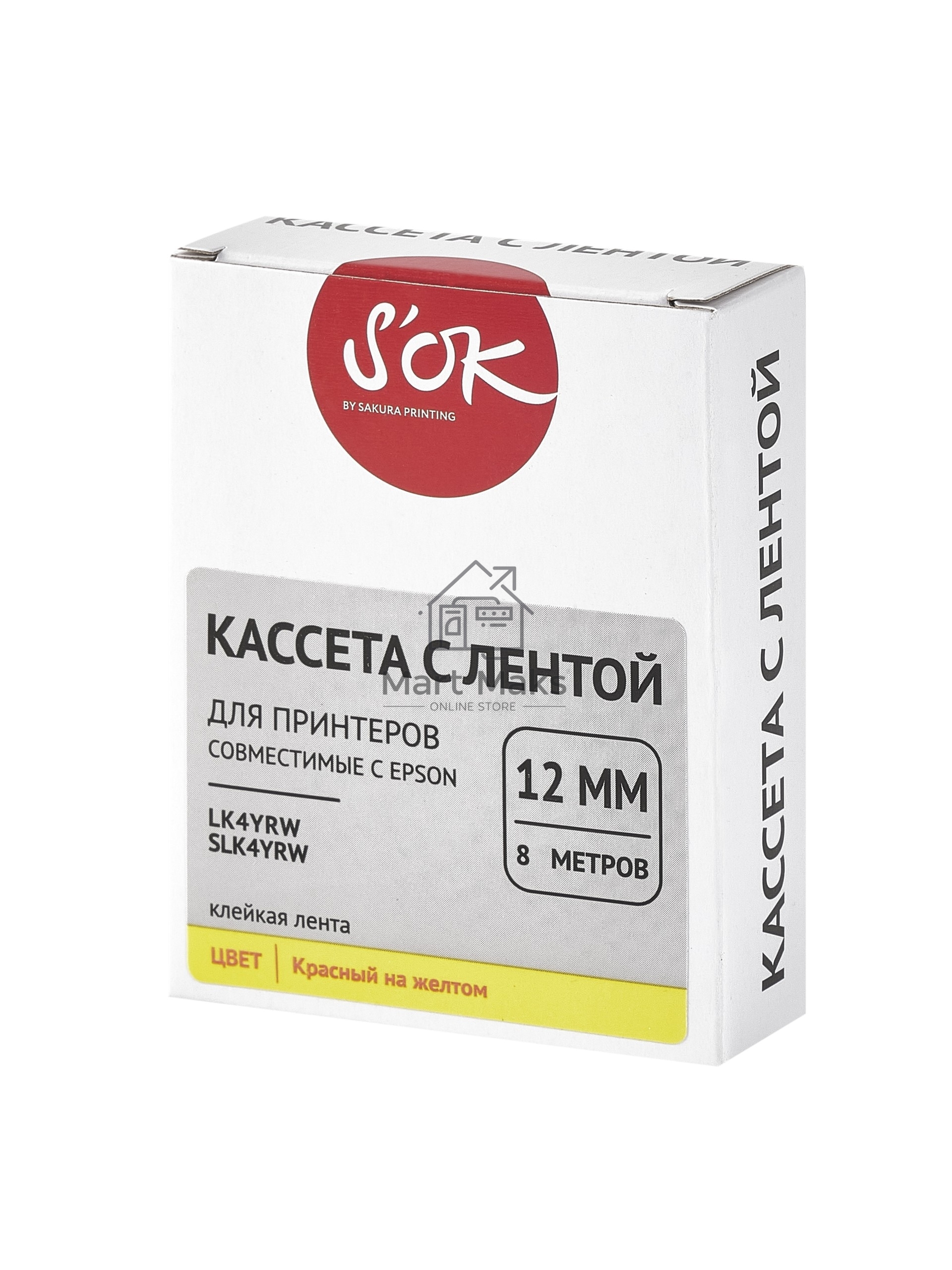 Кассета с лентой S'OK by Sakura Printing K4YRW для Epson, красный на желтом, 12мм/8м