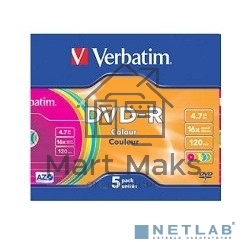 Диск DVD-R Verbatim 4.7Gb 16x Slim Color (5шт) 43557