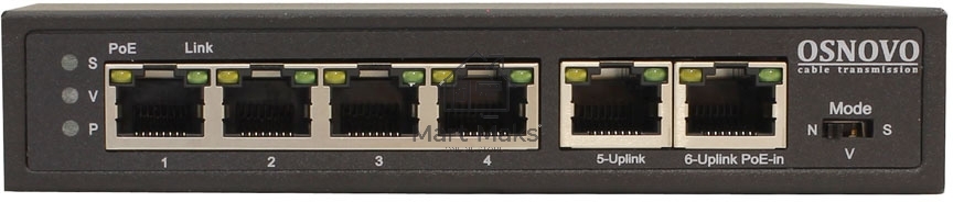 Коммутатор Osnovo SW-20600/D удлинитель FE на 6 портов с питанием по PoE, 4 *10/100 Base-T PoE, 1 *10/100 Base-T Uplink с поддержкой питания по PoE (до 90W), 1 *10/100 Base-T Uplink, PoE на порт - до 30W, суммарно до до 87W
