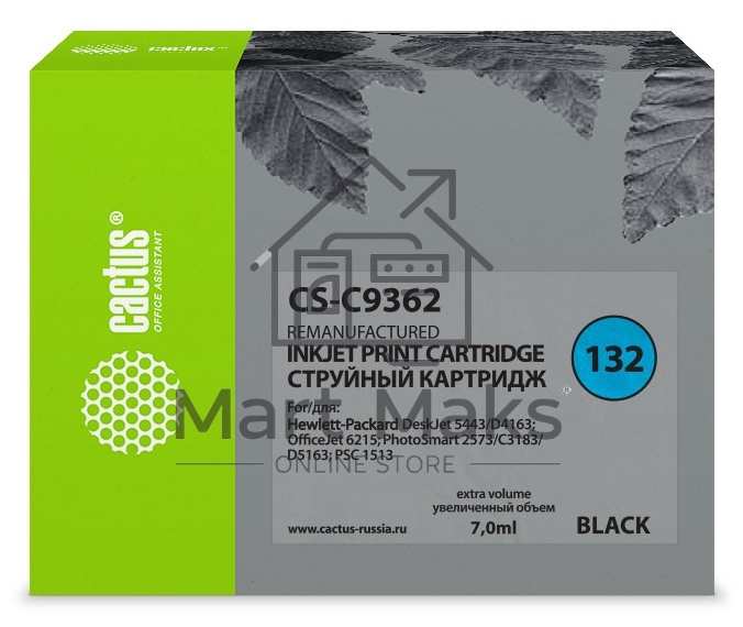 Картридж струйный Cactus CS-C9362 №132 черный (7 ml) для HP DJ 5443/D4163/DJ 6215/PS 2573/C3183/D5163/PSC 1513