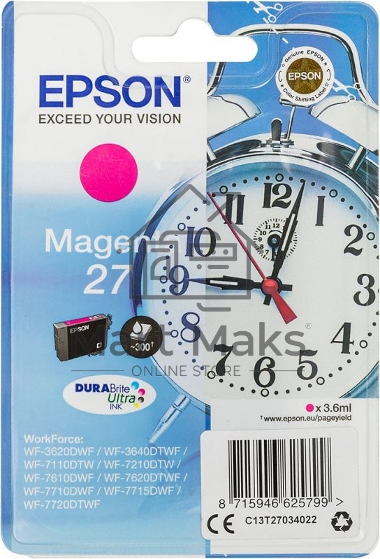 Картридж струйный Epson T2703 (C13T27034022/C13T27034020) пурпурный, 300 стр., для WF7110/7610/7620