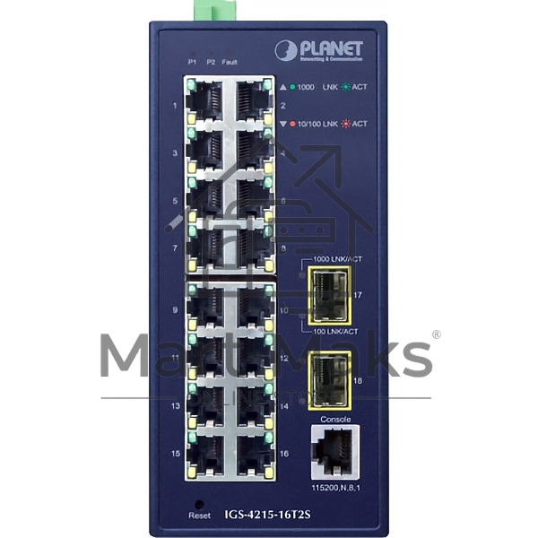 Коммутатор PLANET IGS-4215-16T2S IP30 Industrial L2/L4 16-Port 10/100/1000T + 2-Port 100/1000X SFP Managed Switch (-40~75 degrees C, dual redundant power input on 12~48VDC/24VAC terminal block)
