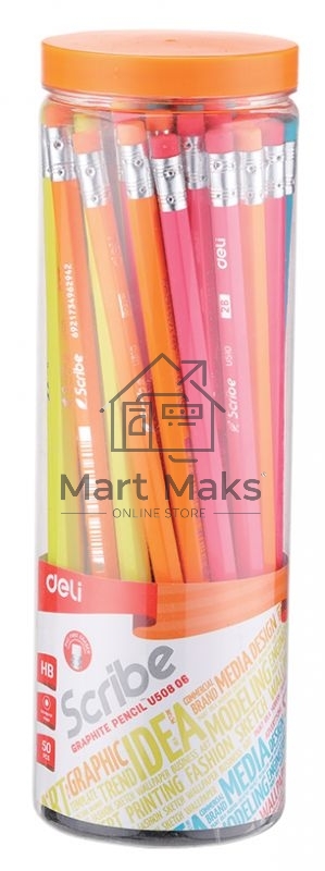 Карандаш чернографитный Deli EU50806 Scribe HB, шестигранный, липа, туба пластиковая, ластик