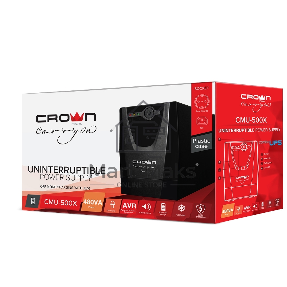 Источник бесперебойного питания Crown CMU-500X (480 ВА / 240 Вт; Off-Line; 1 х Euro + 1 х IEC-320 резервным питанием и фильтрацией; 12V/4,5AH х 1; пластик)