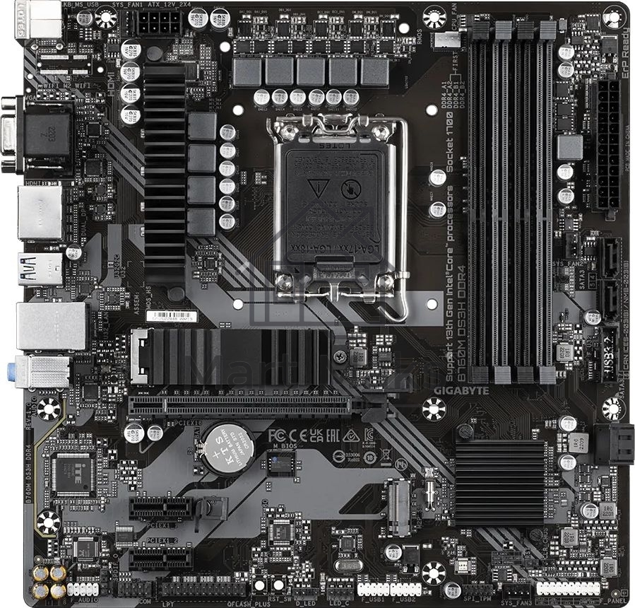 Материнская плата Gigabyte B760M DS3H DDR4, LGA 1700, Intel B760, 4xDDR4, 4xSATA, 2xM.2, 1xPCIe 4.0 x16, 2xPCIe x1, 1xHDMI, 1xDP, 1xVGA, 1x 2.5Gb LAN, 3xUSB-A 3.2 Gen 1, 1xUSB-C 3.2 Gen 2, 2xUSB-A 2.0, 3x3.5 мм, 7.1, mATX