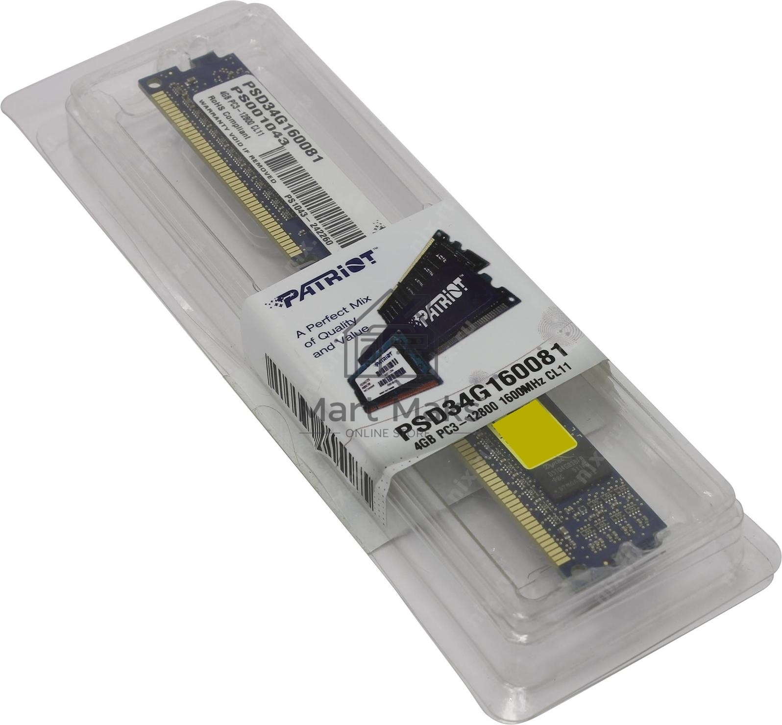 Оперативная память Patriot, DDR3, 4GB (1x4 GB), 1600 MHz, CL11, DIMM