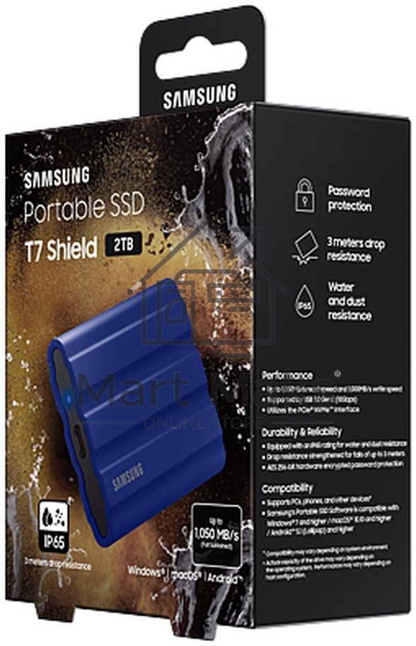 Накопитель Samsung External SSD T7 Shield, 2TB, Type C-to-C/A, USB 3.2 Gen2, R/W 1050/1000MB/s, IP65, 88x59x13mm, 98g, Blue (12 мес.)