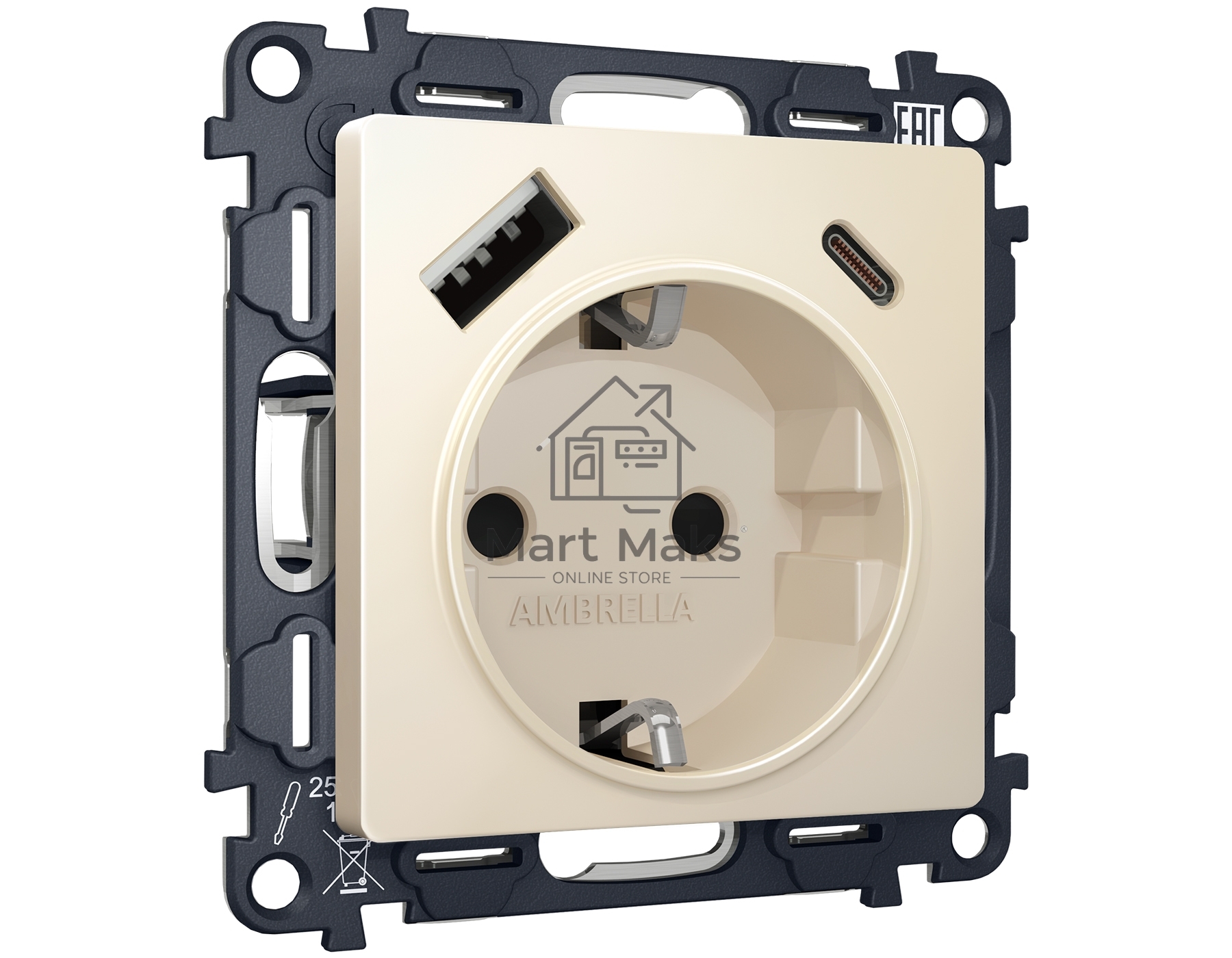 Комплект механизма электрической розетки ALFA Бежевый матовый 2USB A+C 20W (быстрая зарядка) с/з QUANT (AP3300, VM160) MA330010