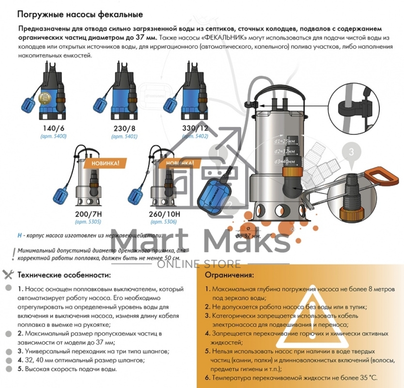 Насос погружной ФЕКАЛЬНИК 230/8, пластик