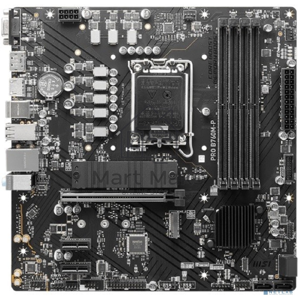 Материнская плата MSI PRO B760M-P DDR5, LGA 1700, Intel B760, 4xDDR5, 4xSATA, 2xM.2, 1xPCIe 4.0 x16, 2xPCIe 3.0 x1, 1xHDMI, 1xDP, 1xVGA, 1x1Gb LAN, 4xUSB-A 2.0, 1xUSB-A 3.2 Gen 1, 1xUSB-C 3.2 Gen 2, 3x3.5 мм, 7.1, mATX